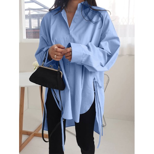 Women Lape High Low Split Tie Hem Irregular Hem Long Sleeve Shirts