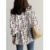 Women Leopard Printed V-Neck Flare Sleeve Elastic Cuff Drawstring Waist Shirts