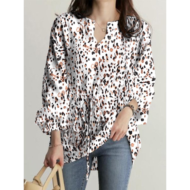 Women Leopard Printed V-Neck Flare Sleeve Elastic Cuff Drawstring Waist Shirts