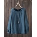 Women Long Sleeve Crew Neck Casual Solid Cotton Blouse