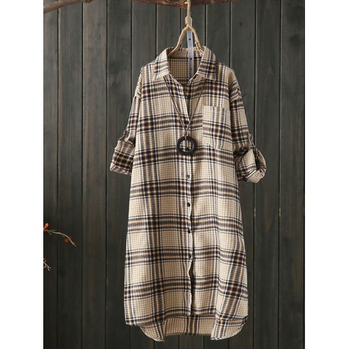 Women Long Sleeve Plaid Casual Asymmetrical Long Blouse