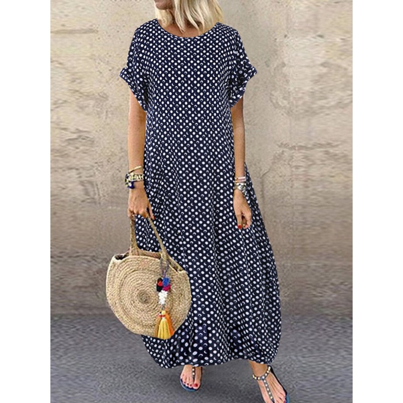 Women Polka Dot Print O-neck Short Sleeve Maxi Dress