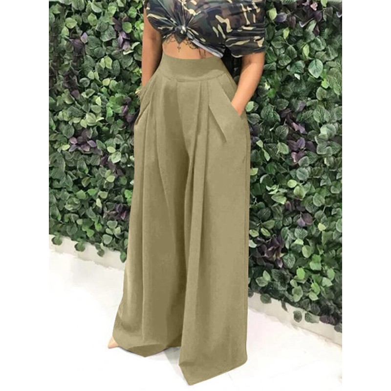 Women Pure Color High Elastic Waist Simple Wide Leg Pants With Pocket