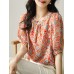 Women Random Allover Print Half Sleeve Crew Neck Blouse