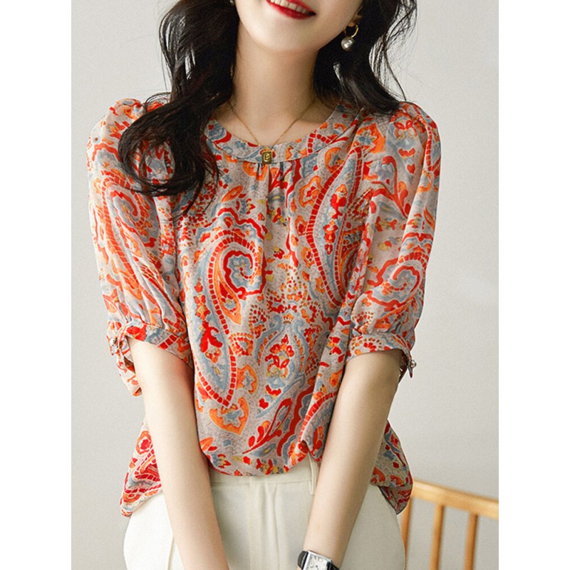 Women Random Allover Print Half Sleeve Crew Neck Blouse