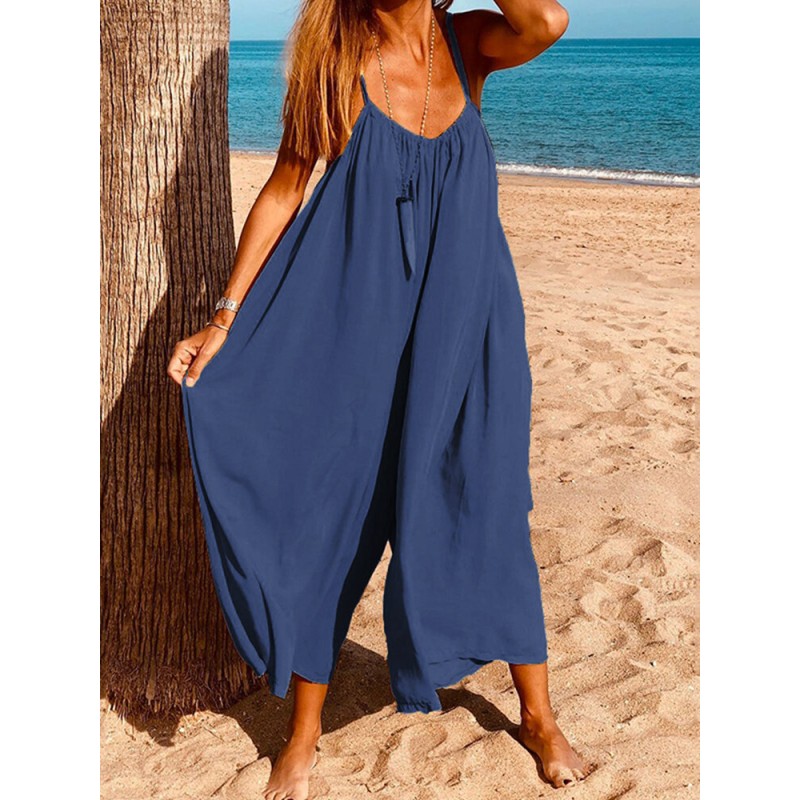 Women Sleeveless Straps Loose Solid Wide Leg Jumpsuits