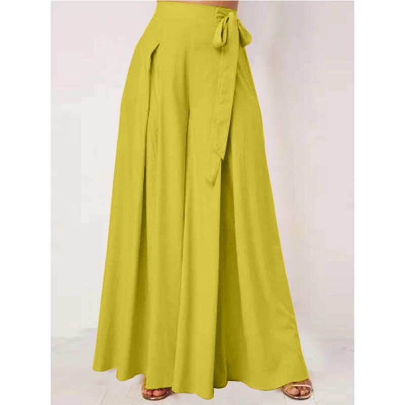 Women Solid Color Bowknot Pleated Loose Casual Wide Leg Pants