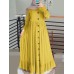 Women Solid Color Ruffles Hem Pleats Puff Sleeve Maxi Dress