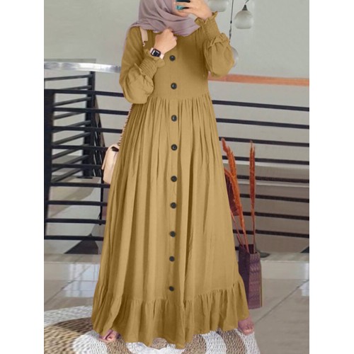 Women Solid Color Ruffles Hem Pleats Puff Sleeve Maxi Dress