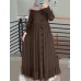 Women Solid Color Ruffles Hem Pleats Puff Sleeve Maxi Dress