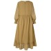 Women Solid Color Ruffles Hem Pleats Puff Sleeve Maxi Dress