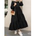 Women Solid Cotton Ruffles Hem Layered O-Neck Tiered Dress Casual Long Sleeve Maxi Dress