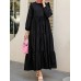 Women Solid Cotton Ruffles Hem Layered O-Neck Tiered Dress Casual Long Sleeve Maxi Dress