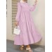 Women Solid Cotton Ruffles Hem Layered O-Neck Tiered Dress Casual Long Sleeve Maxi Dress