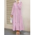 Women Solid Cotton Ruffles Hem Layered O-Neck Tiered Dress Casual Long Sleeve Maxi Dress