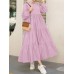 Women Solid Cotton Ruffles Hem Layered O-Neck Tiered Dress Casual Long Sleeve Maxi Dress