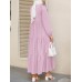 Women Solid Cotton Ruffles Hem Layered O-Neck Tiered Dress Casual Long Sleeve Maxi Dress