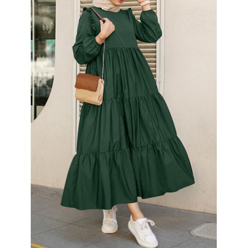 Women Solid Cotton Ruffles Hem Layered O-Neck Tiered Dress Casual Long Sleeve Maxi Dress