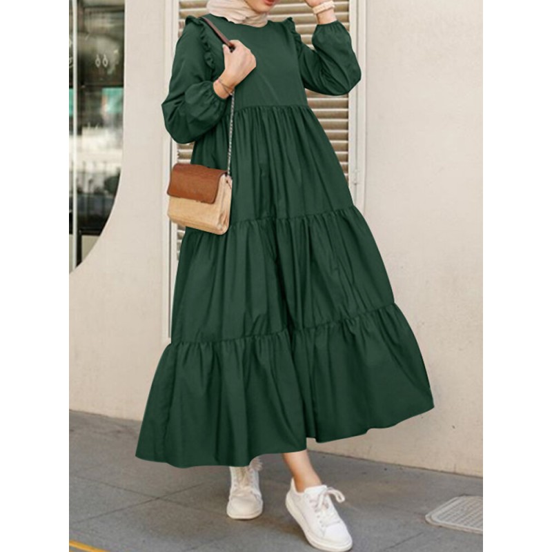 Women Solid Cotton Ruffles Hem Layered O-Neck Tiered Dress Casual Long Sleeve Maxi Dress