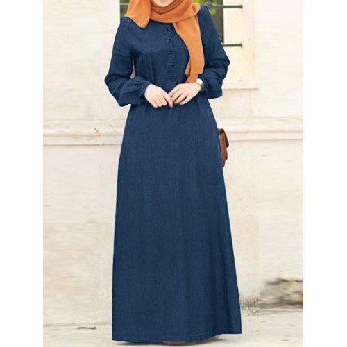 Women Solid Denim Button Down Elastic Cuffs Kaftan Loose Maxi Dresses