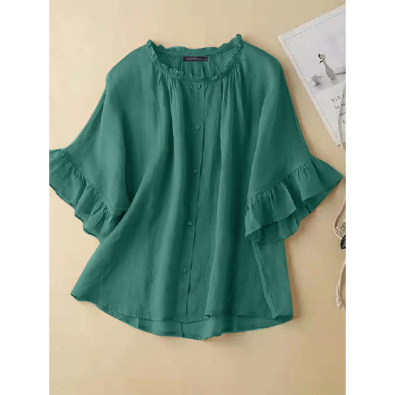 Women Solid Ruffle Sleeve Crew Neck Casual Blouse