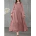 Women Square Neck Pleated Button Casual Maxi Vintage Dress With Side Pockets