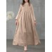 Women Square Neck Pleated Button Casual Maxi Vintage Dress With Side Pockets