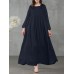 Women Square Neck Pleated Button Casual Maxi Vintage Dress With Side Pockets