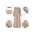 Women Square Neck Pleated Button Casual Maxi Vintage Dress With Side Pockets