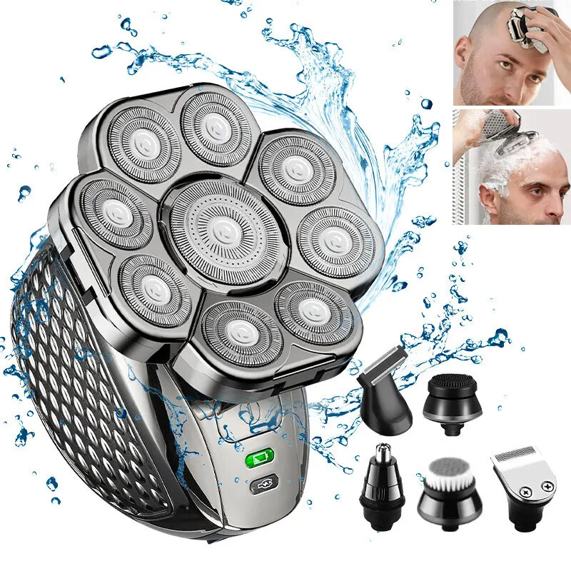 6-in-1 Men's Bald Head Electric Shaver and Trimmer Kit Waterproof and Rechargeable Rotary Shaver with 9 Floating Blades Beard Nose Ear Hair Clipper Facial Brush Quick Charging