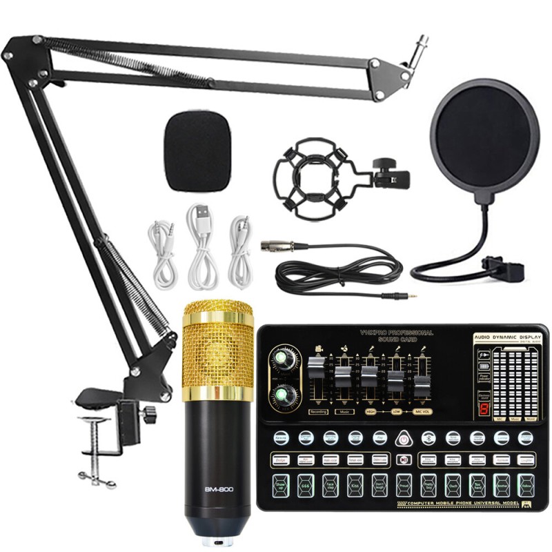 BM800 Condenser Microphone Kit Pro Audio Studio Sound Recording Microphone with V10X PRO Muti-functional Bluetooth Sound Card