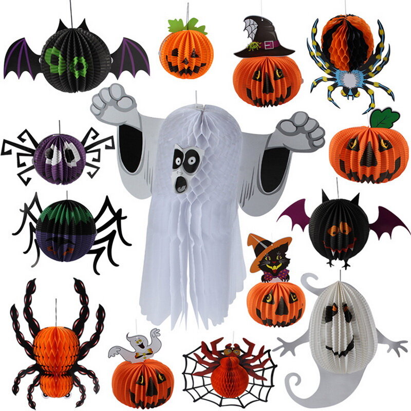 Halloween 3D Ghost Bat Spider Pumpkin Witch Pendant Haunted House Drop Bar KTV Room Decorative Paper Hanging Ornament