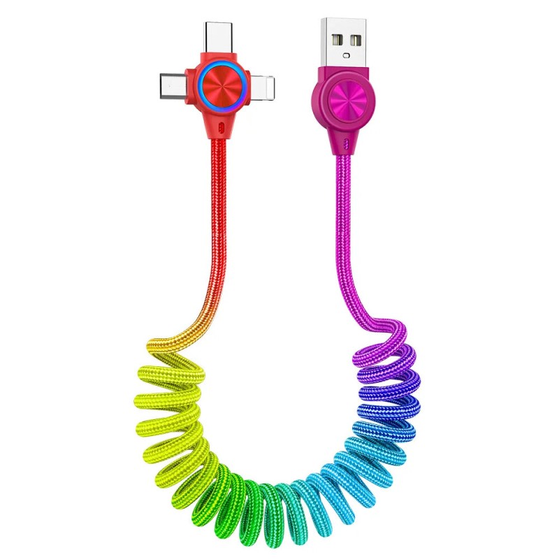3A 3in 1 USB-A to iP/Type-C/Micro USB Spring Cable Fast Charging Data Transmission Copper Core Line 1M Long for Huawei Mate50 for Samsung Galaxy S23 for Xiaomi 13 for Oppo Reno9 for iPhone 12 13 14 14Pro 14 Pro Max