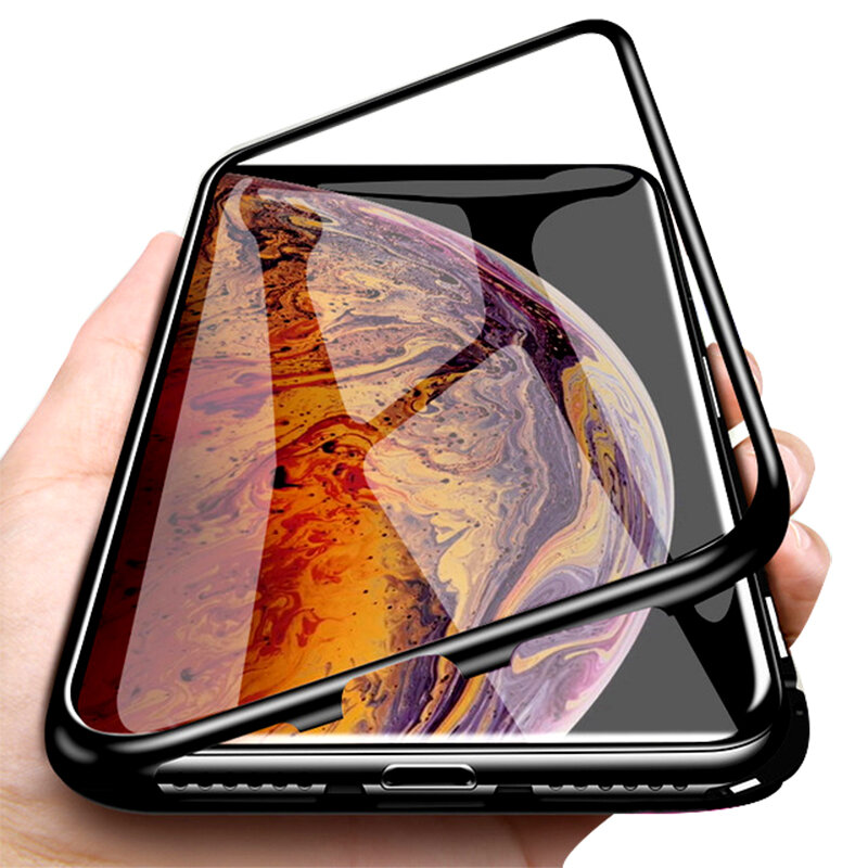 Bakeey Plating Magnetic Adsorption Metal Tempered Glass Protective Case for iPhone XS MAX XR X for iPhone 7 6 6S 8 Plus SE 2020 Back Cover