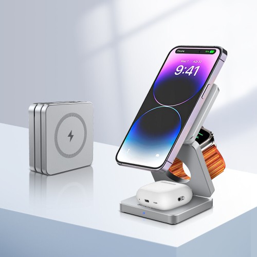 BlitzWolf iw30 3-in-1 Foldable Magnetic 15W Wireless Charger Fast Charging Sation for iPhone 15 14 13 12 Pro/Max/Plus for Apple Watch 9/8/7/6/5/4/3/2/SE/Ultra 2 for AirPods 3/2/Pro