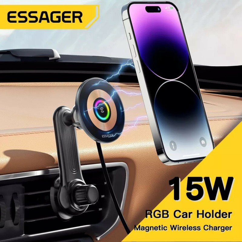 Essager Z11 RGB 15W QI Magnetic Car Wireless Charger Phone Holder Mount For iPhone 14 13 12 Pro