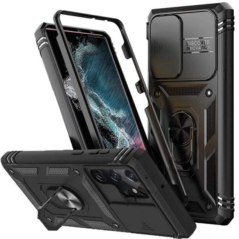 Multi-layers Shockproof Mobile Phone Case with Metal Patch Ring Holder Hard PC+TPU Protective Case for Samsung Galaxy S23 Ultra