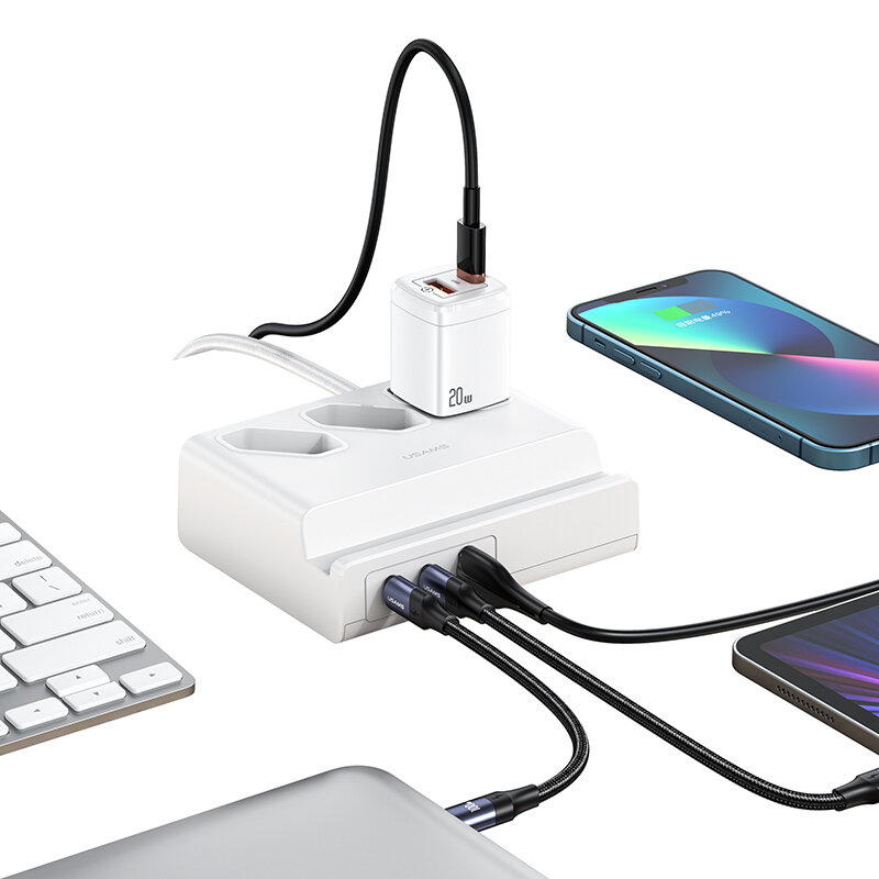 USAMS 6 In 1 USB Extension Socket Power Strip 65W Super Sic USB PD Charger With 3 2400W AC Outlets / Dual 65W USB-C / 18W USB-A QC3.0