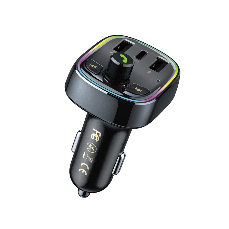 WEKOME WP-C39 1.6A 3-Port USB PD Car Charger Adapter USB+USB-C Fast Charging with MP3 Player Colorful Light for iPhone 13 14 14 Pro 14 Pro Max for Huawei Mate50 for Samsung Galaxy S23