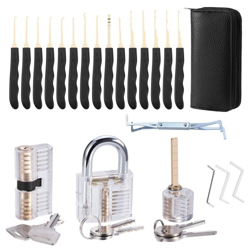 26PCS Locksmith Training Set Spring Steel with 3 Transparent Padlocks For Easy Visual Learning Portable Design Includes Automatic Unlock Gun Diverse Lock Picks Perfect for Beginners