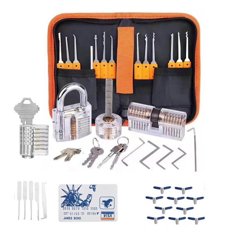 44PCS Orange Picks and Padlocks Set with Spring Steel Tools Transparent Padlocks and Automatic Unlocking Gun for Mechanism Learning and Lock Picking Practice