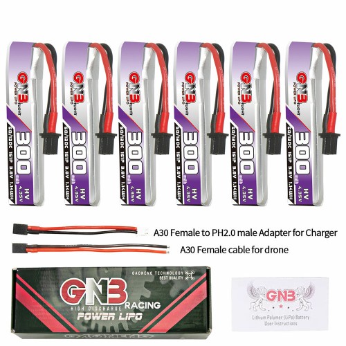 6Pcs Gaoneng 3.8V 300mAh 60C 1S LiHV Battery A30 Plug With Adapter Cable for BetaFPV Meteor65 Pro ELRS
