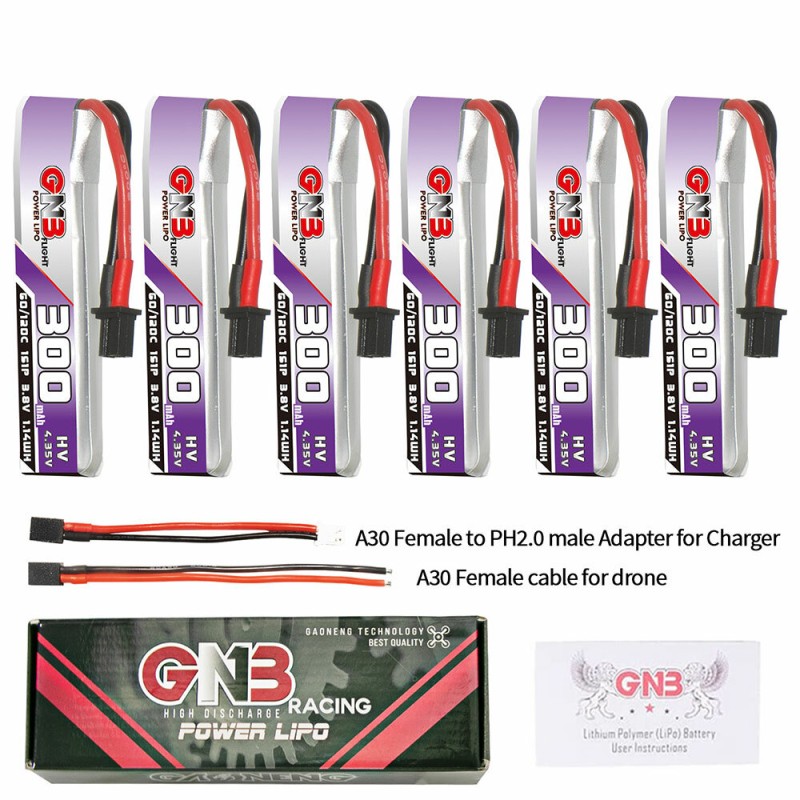 6Pcs Gaoneng 3.8V 300mAh 60C 1S LiHV Battery A30 Plug With Adapter Cable for BetaFPV Meteor65 Pro ELRS