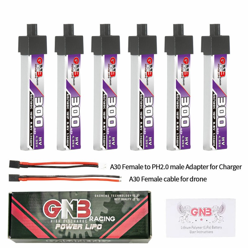 6Pcs Gaoneng 3.8V 300mAh 60C 1S LiHV Battery A30 Plug With Adapter Cable for Happymodel Mobula6