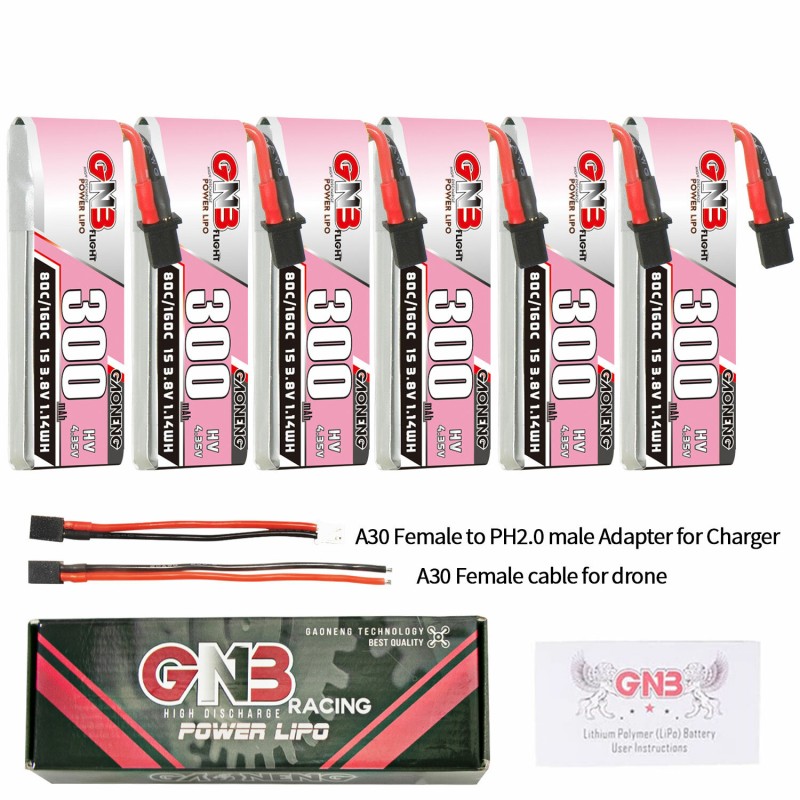 6Pcs Gaoneng 3.8V 300mAh 80C 1S LiHV Battery A30 Plug With Adapter Cable for Emax Tinyhawk S BetaFPV Beta75X