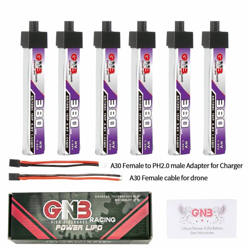 6Pcs Gaoneng 3.8V 380mAh 60C 1S LiHV Battery A30 Plug With Adapter Cable for BetaFPV Meteor65 Pro Happymodel Mobula6 HD