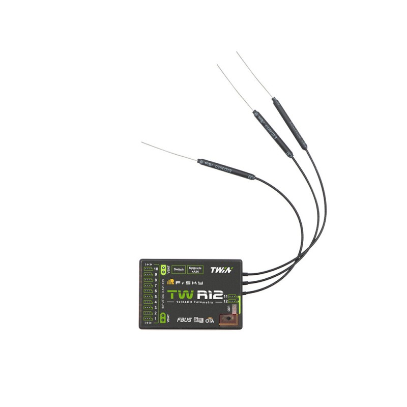 FrSky TW R12 Dual 2.4G 12/24CH Receiver with Triple Antennas Dual XT30 Connectors FBUS/S.Port PWM/SBUS Output for FPV RC Racer Drone