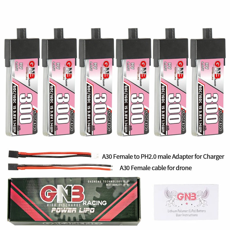 Gaoneng 3.8V 300mAh 80C 1S LiHV Battery A30 Plug With Adapter Cable for Emax Tinyhawk S BetaFPV Beta75X