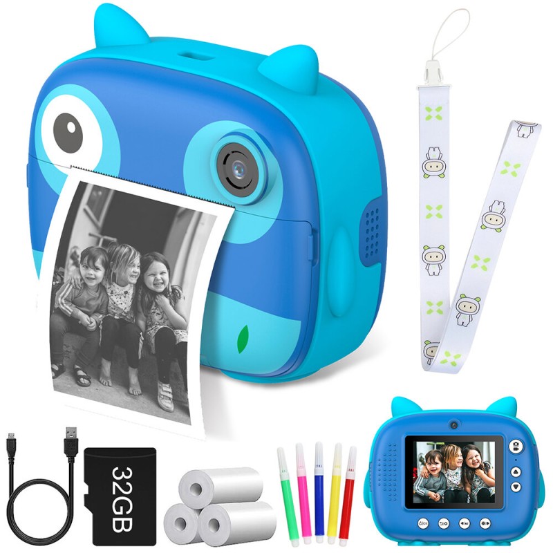 V17 Blue Owl Kids Camera Instant Print Camera for Boy's Birthday Gift Digital Photo Instant Print Thermal Girl's Toy Child