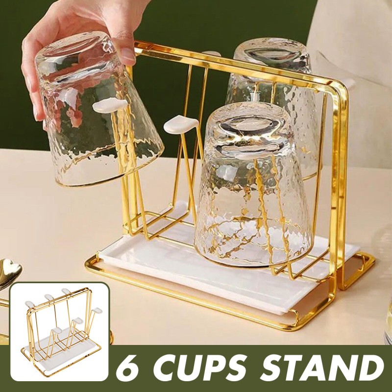 6 Cups Stand Golden Metal Holders Rack with Plate Nordic Home Kitchen Tabletop Coffee Mug Holder Drinkware Storage Organizer